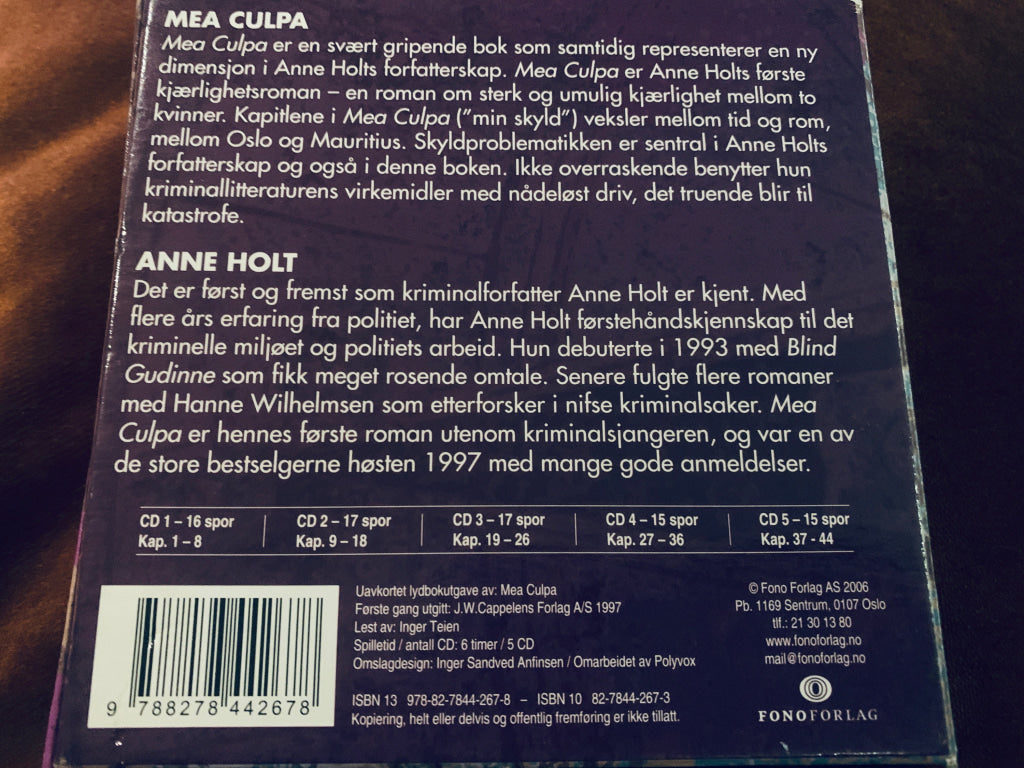 Anne Holt Mea Culpa – En historie om kjærlighet. Lydbok på CD.