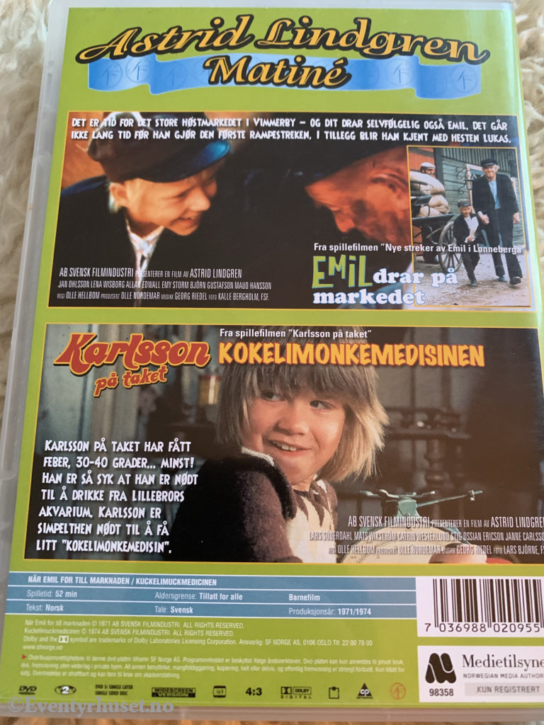 Astrid Lindgren. 1971/1974. Matiné. Emil Drar På Markedet / Karlsson Taket. Dvd. Dvd