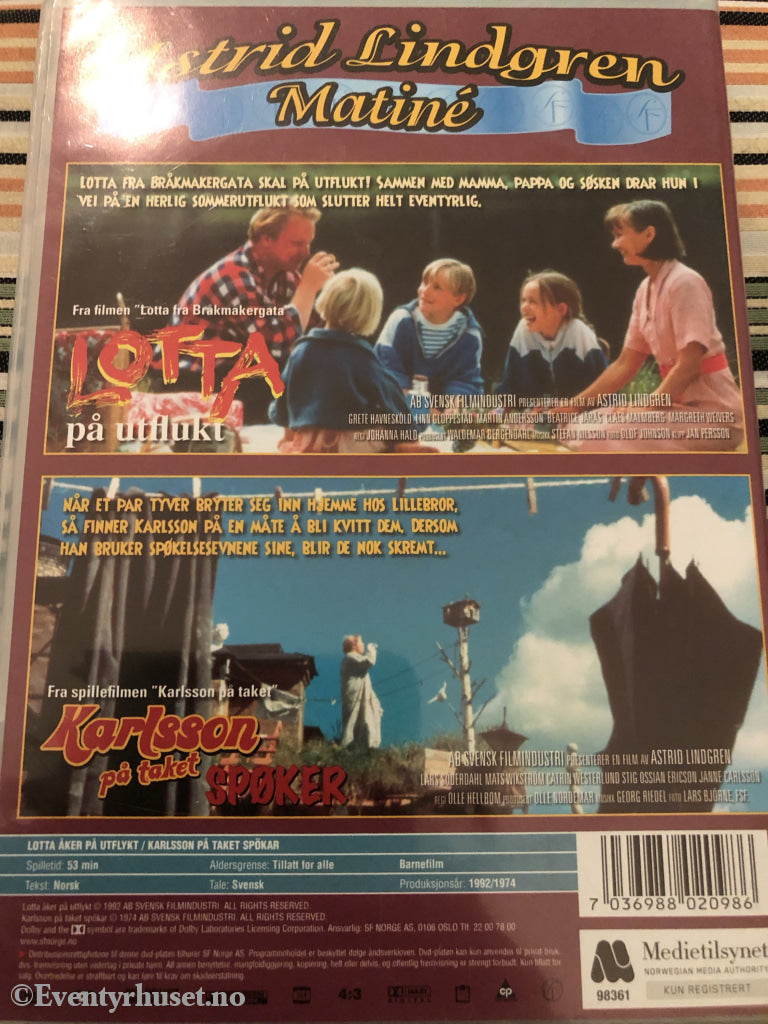 Astrid Lindgren. 1992/1974. Matiné. Lotta På Utflukt / Karlsson Taket Spøker. Dvd. Dvd