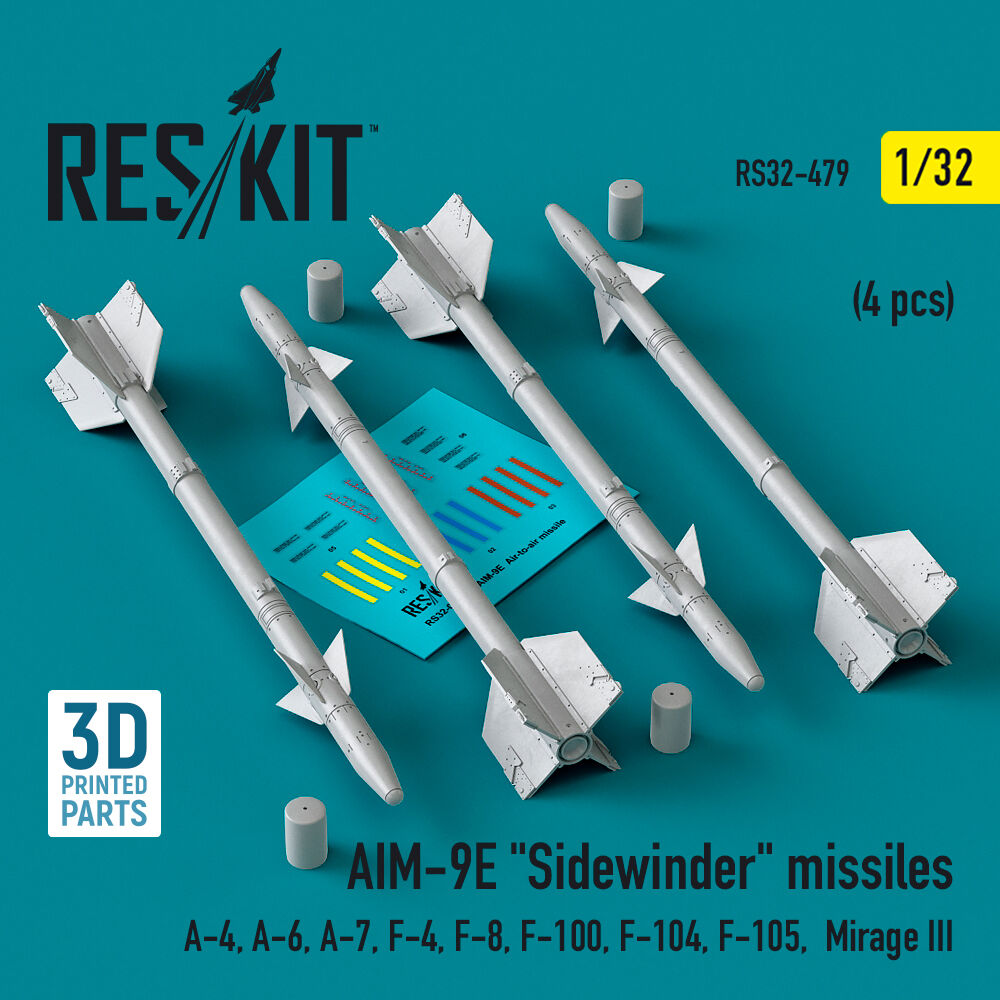 AIM-9E Sidewinder missiles (4 pcs) (A-4, A-6, A-7, F-4, F-8, F-100, F-104, F-105, Mirage III) (3D Printed)