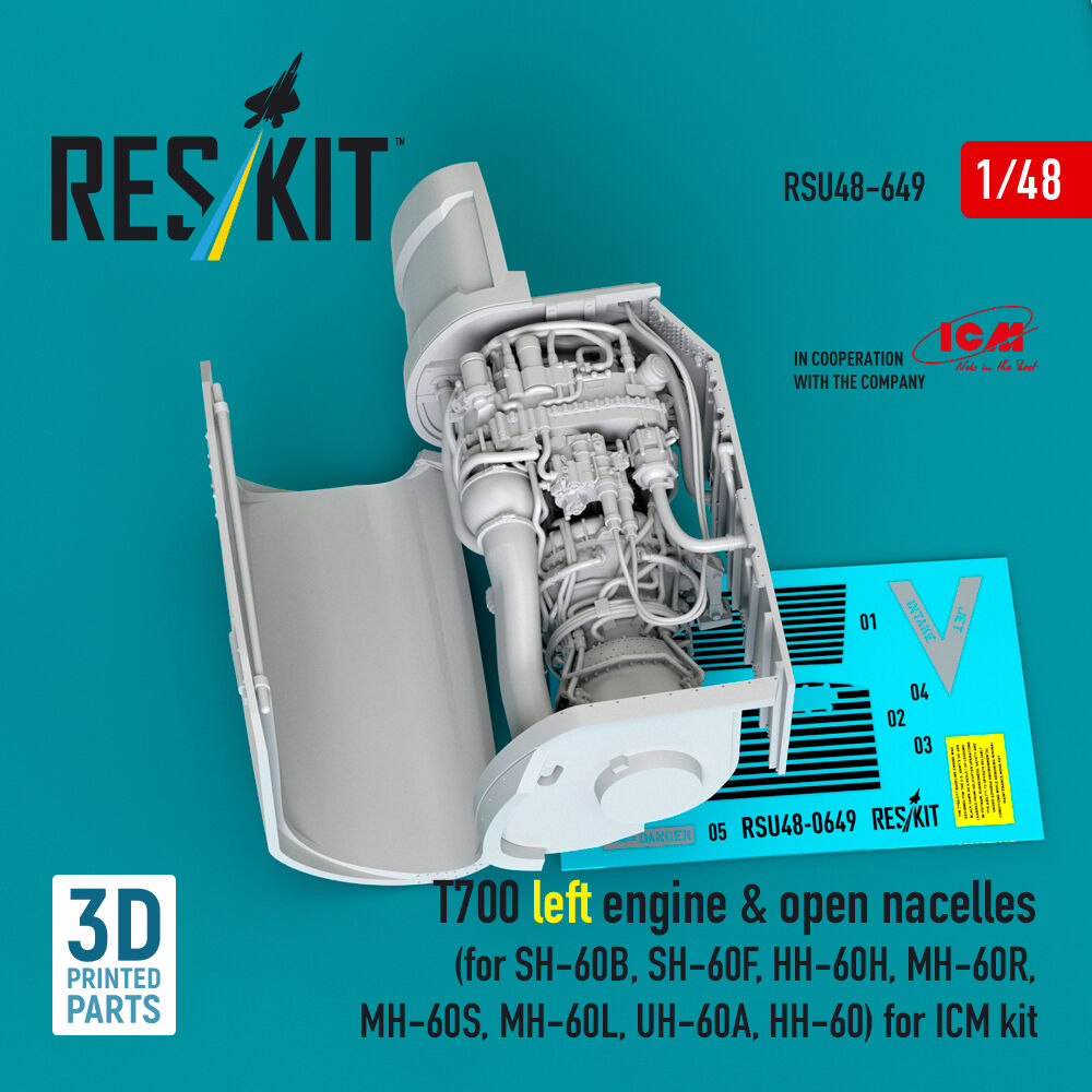 T700 left engine & open nacelles (for SH-60B, SH-60F, HH-60H, MH-60R, MH-60S, MH-60L, UH-60A, HH-60) (3D Printed) for ICM