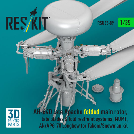 AH-64D late Apache folded main rotor, late blades & fold restraint systems, MUMT, AN/APG-78 Longbow for Takom/Snowman kit (3D Printed)