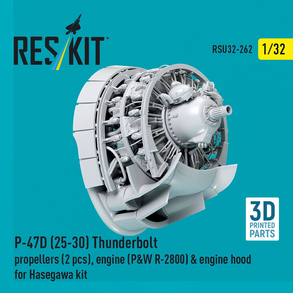 P-47D (25-30) Thunderbolt propellers (2 pcs), engine (P&W R-2800) & engine hood (3D Printed) for Hasegawa