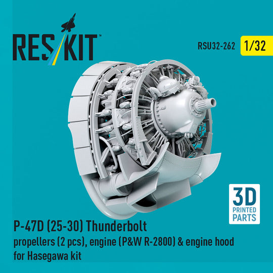 P-47D (25-30) Thunderbolt propellers (2 pcs), engine (P&W R-2800) & engine hood (3D Printed) for Hasegawa