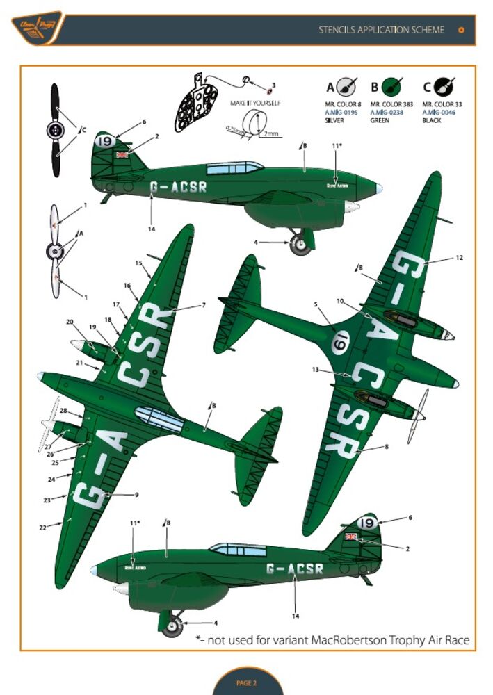DH.88 Comet G-ACSR MacRobertson Trophy Air Race Decal for Mikromir kit