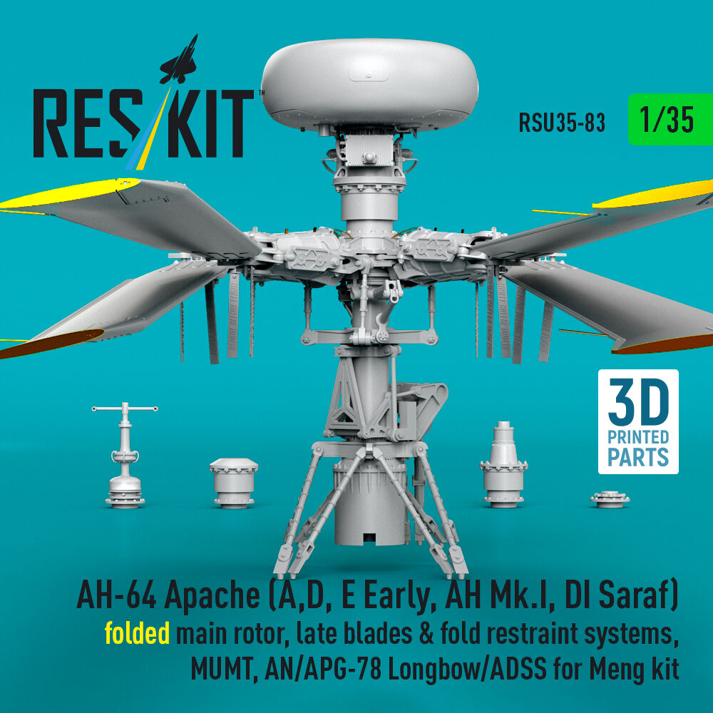 AH-64 Apache (A,D, E Early, AH Mk.I, DI Saraf) folded main rotor, late blades & fold restraint systems, MUMT, AN/APG-78 Longbow/ADSS for Meng kit (3D Printed)