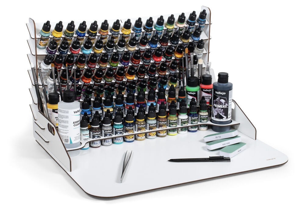 Paint display and work station with vertical storage 50 x 37 x 29,5 cm