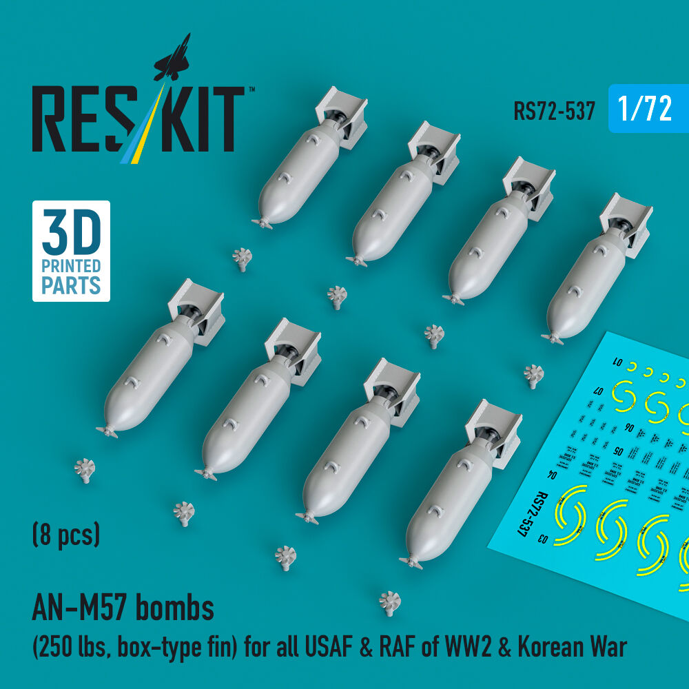 AN-M57 bombs (250 lbs, box-type fin) for all USAF & RAF of WW2 & Korean War (8 pcs) (3D Printed)