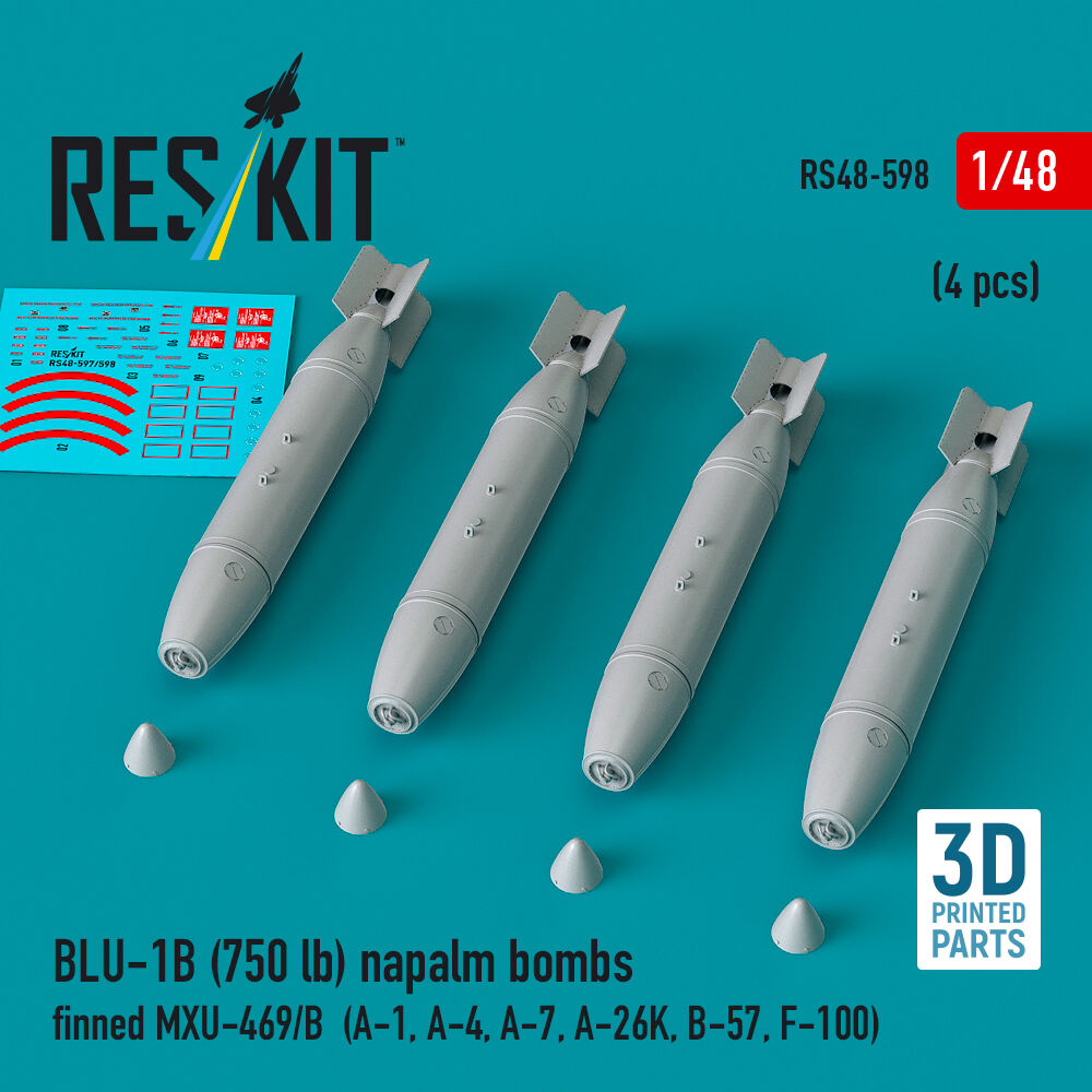 BLU-1B (750 lb) napalm bombs finned MXU-469/B (4 pcs) (A-1, A-4, A-7, A-26K, B-57, F-100) (3D Printed)