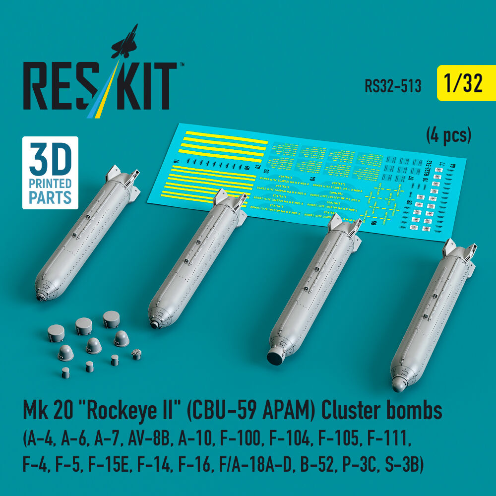 Mk 20 Rockeye II (CBU-59 APAM) Cluster bombs (A-4, A-6, A-7, AV-8B, A-10, F-100, F-104, F-105, F-111, F-4, F-5, F-15E, F-14, F-16, F/A-18A-D, B-52, P-3C, S-3B) (4 pcs) (3D Printed)