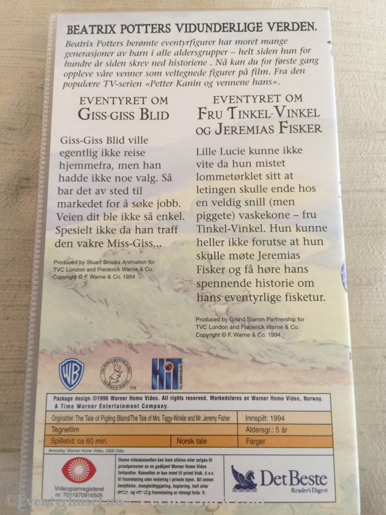 Beatrix Potter. 1994. Eventyret Om Giss-Giss Blid. / Fru Tinkel-Vinkel Og Jeremias Fisker. Vhs. Vhs