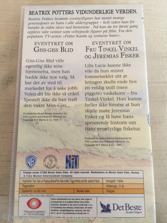 Beatrix Potter. 1994. Eventyret Om Giss-Giss Blid. / Fru Tinkel-Vinkel Og Jeremias Fisker. Vhs. Vhs