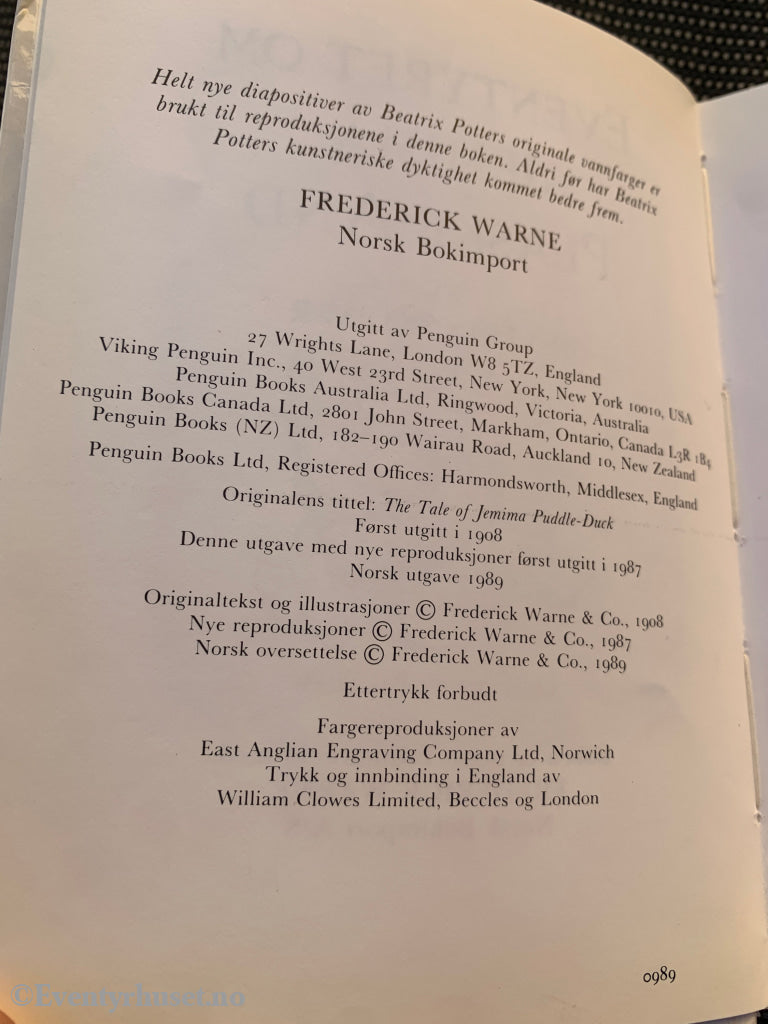 Beatrix Potter Eventyret om Jemima Plaske-And. Barnebok.