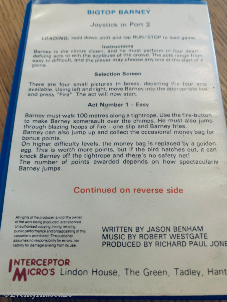Bigtop Barney (1984). Commodore 64 (C64) spill solgt i Norge! Commodore 64/139