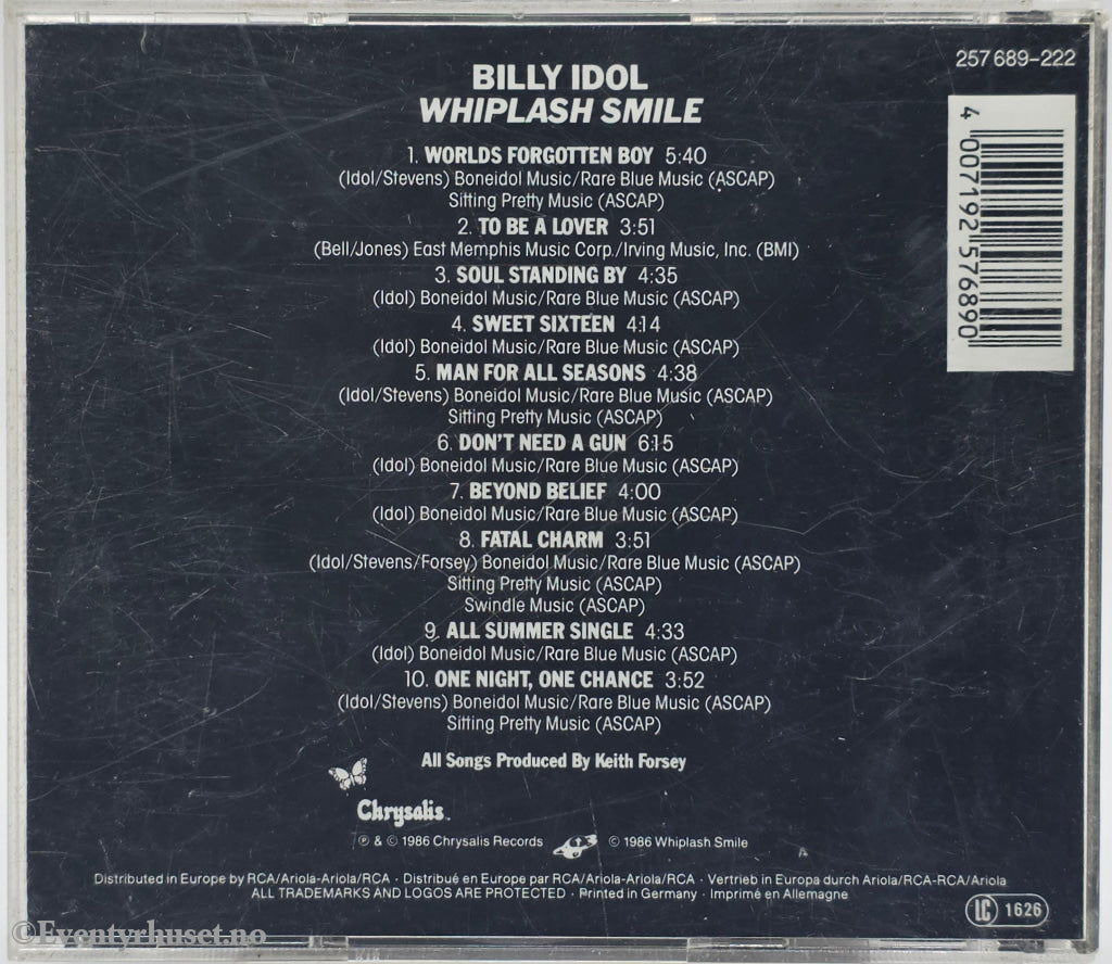 Billy Idol. 1986. Whiplash Smile. CD.