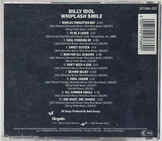 Billy Idol. 1986. Whiplash Smile. CD.