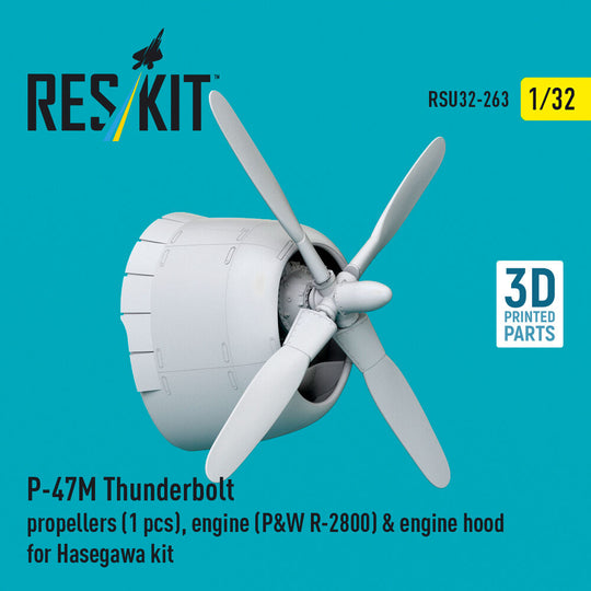 P-47M Thunderbolt propeller (1 pcs), engine (P&W R-2800) & engine hood (3D Printed) for Hasegawa