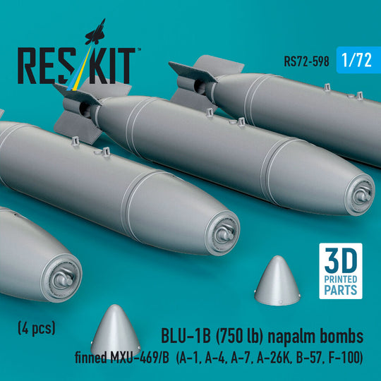 BLU-1B (750lb) napalm bombs finned MXU-469/B (4 pcs) (A-1, A-4, A-7, A-26K, B-57, F-100) (3D Printed)