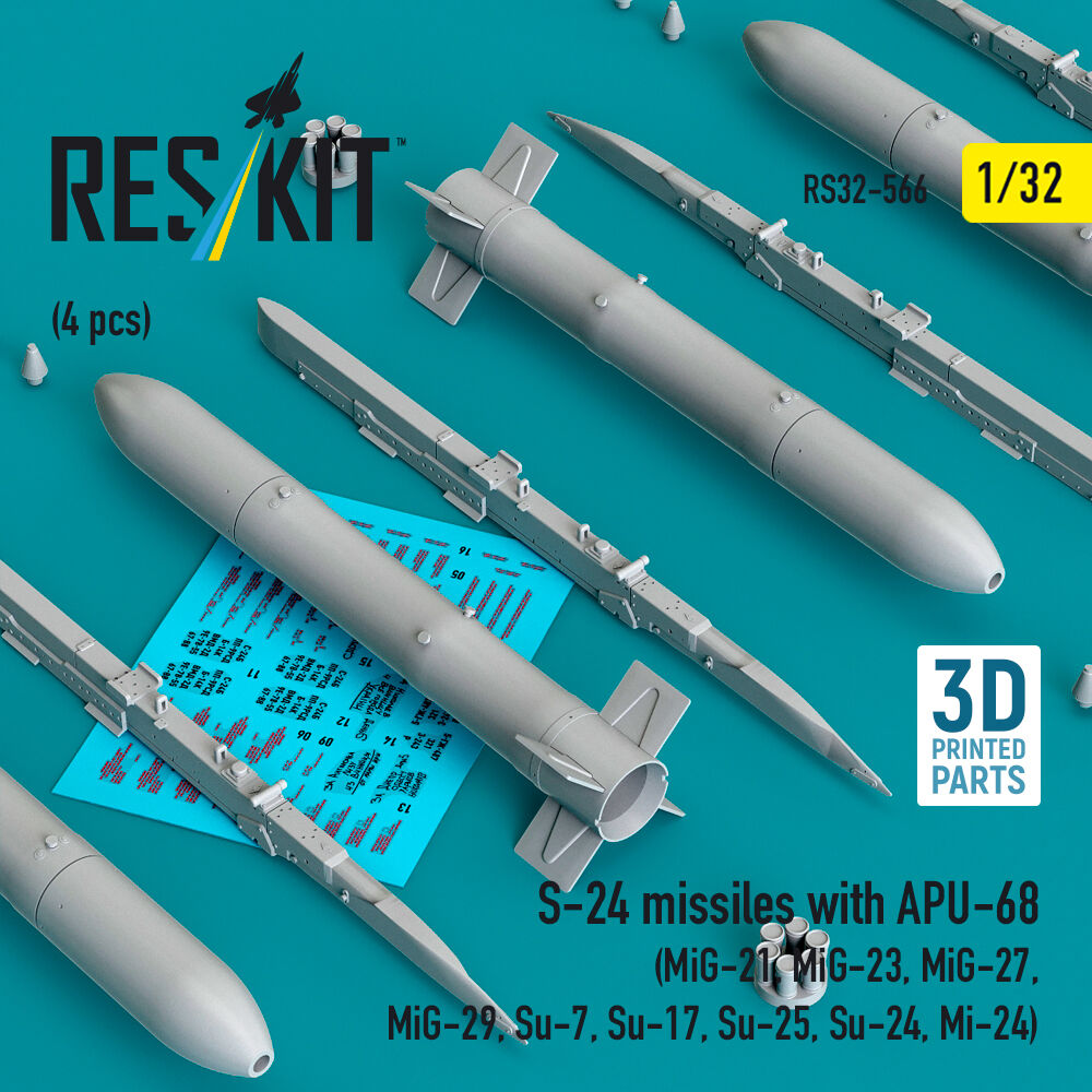 S-24 missiles with APU-68 (4 pcs) (MiG-21, MiG-23, MiG-27, MiG-29, Su-7, Su-17, Su-25, Su-24, Mi-24) (3D Printed)
