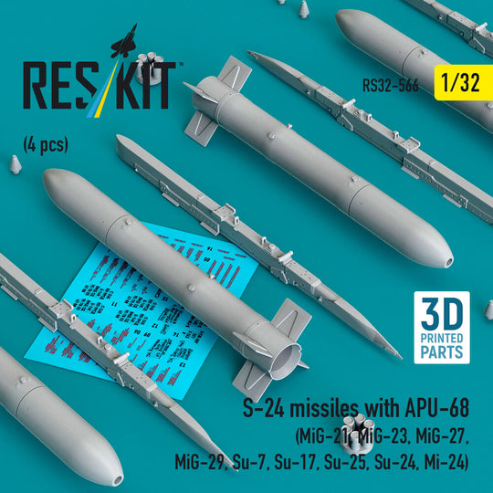 S-24 missiles with APU-68 (4 pcs) (MiG-21, MiG-23, MiG-27, MiG-29, Su-7, Su-17, Su-25, Su-24, Mi-24) (3D Printed)