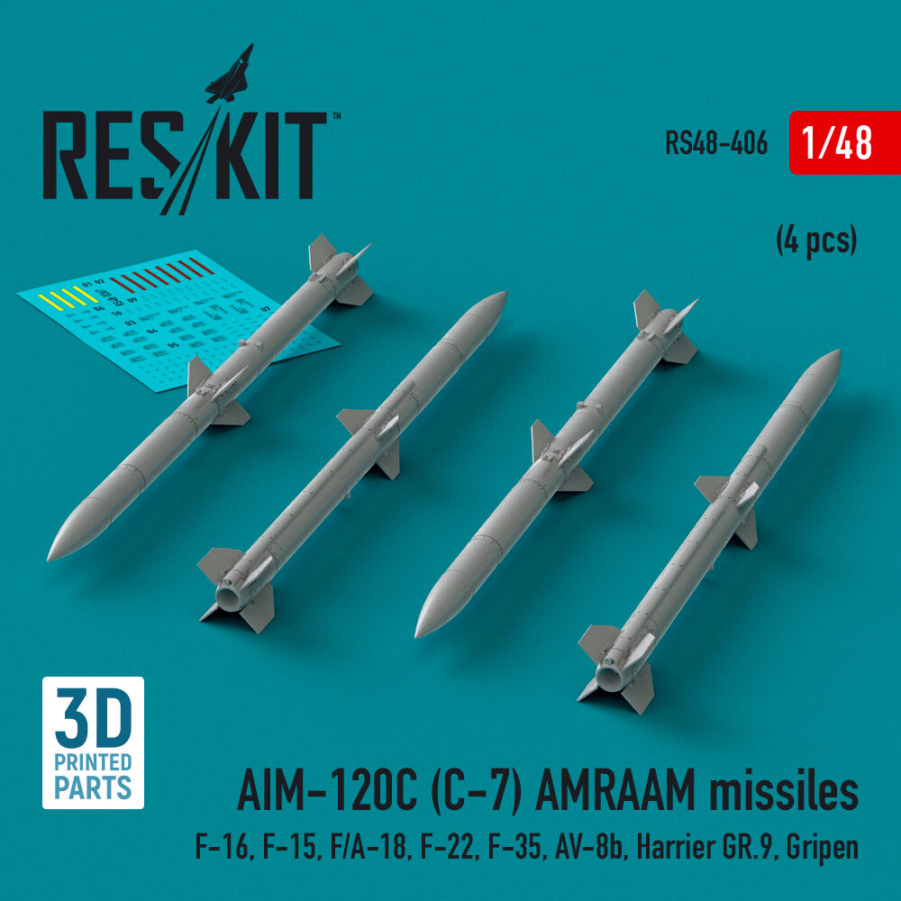AIM-120C (C-7) AMRAAM missiles (4 pcs) (F-16, F-15, F/A-18, F-22, F-35, AV-8b, Harrier GR.9, Gripen) (3D Printed)