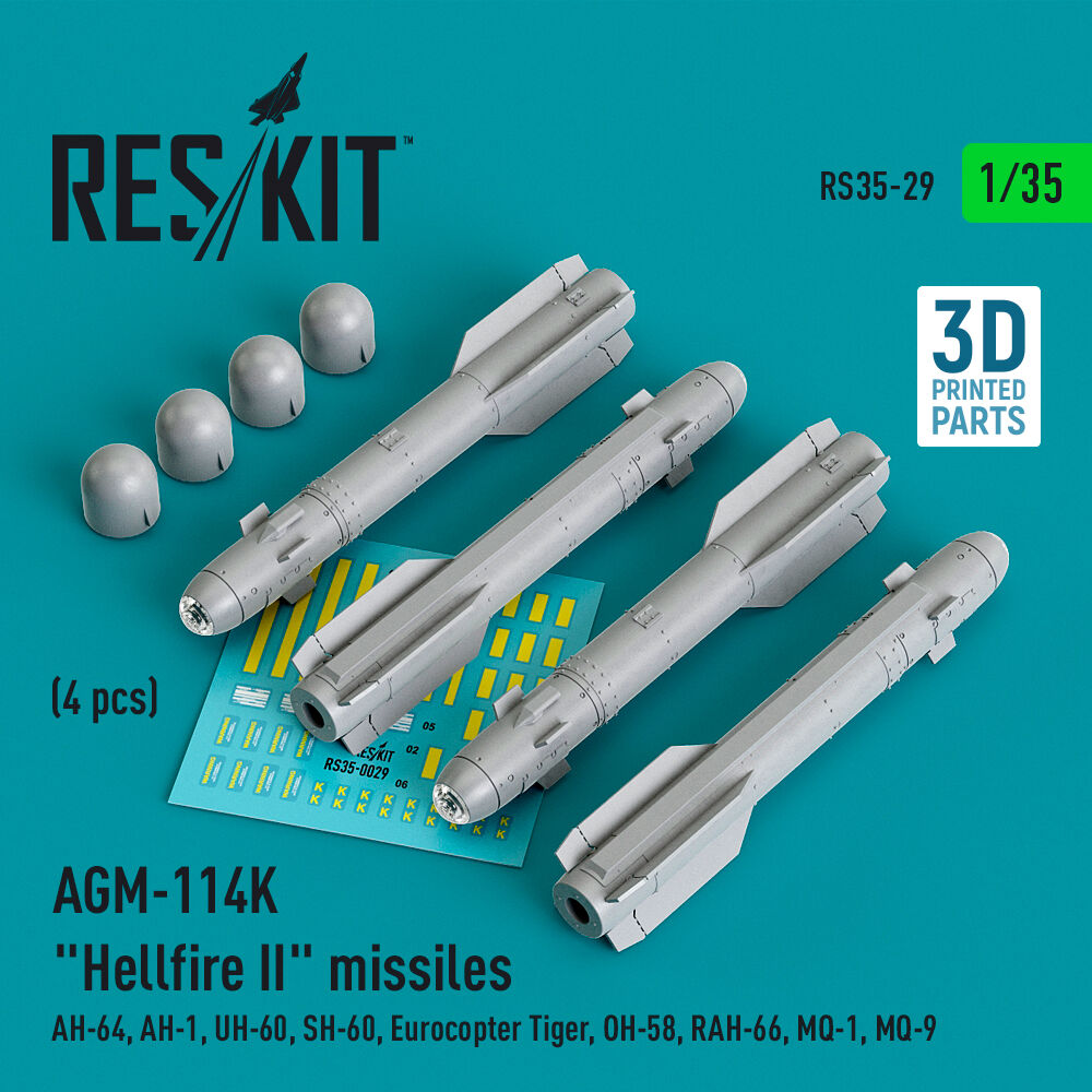 AGM-114K Hellfire II missiles (4 pcs) (AH-64, AH-1, UH-60, SH-60, Eurocopter Tiger, OH-58, RAH-66, MQ-1, MQ-9) (3D Printed)