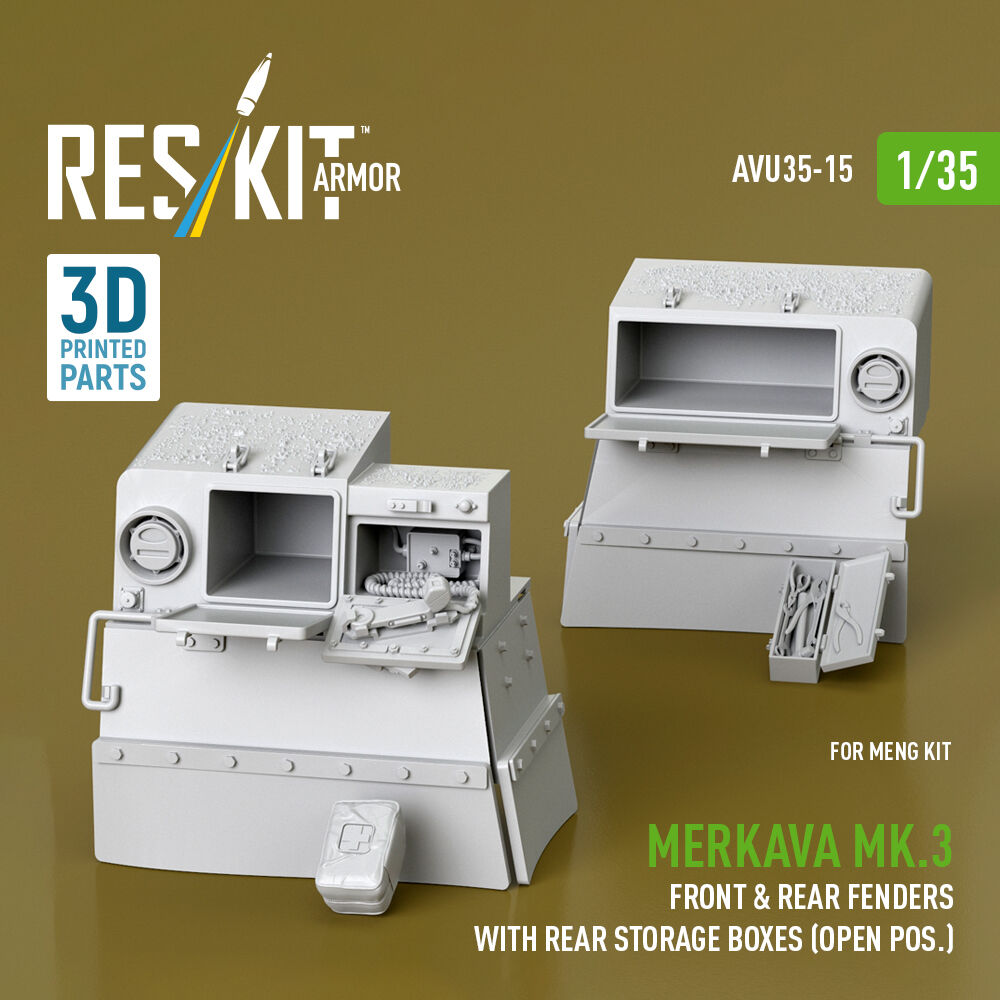 Merkava Mk.3 front & rear fenders with rear storage boxes (open pos.) for Meng kit (3D Printed)
