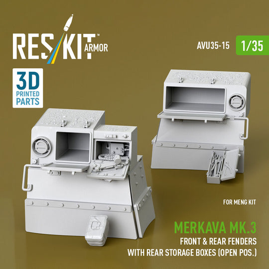 Merkava Mk.3 front & rear fenders with rear storage boxes (open pos.) for Meng kit (3D Printed)