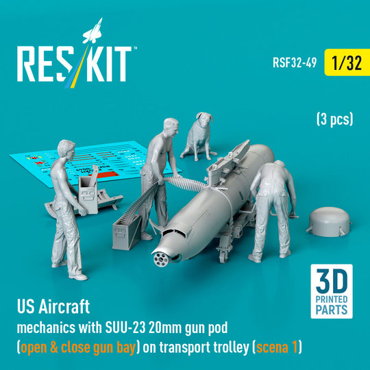 US Aircraft mechanics with SUU-23 20mm gun pod (open & close gun bay) on transport trolley (scene 1) (3 pcs) (3D Printed)