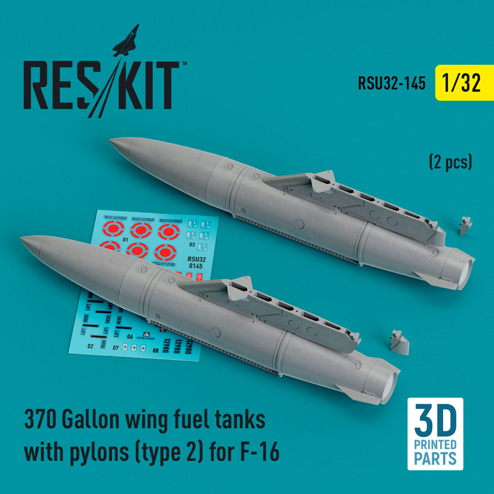 370 Gallon wing fuel tanks with pylons (type 2) for F-16 (A/B/C/D/E/F/I) (2 pcs) (3D Printed)