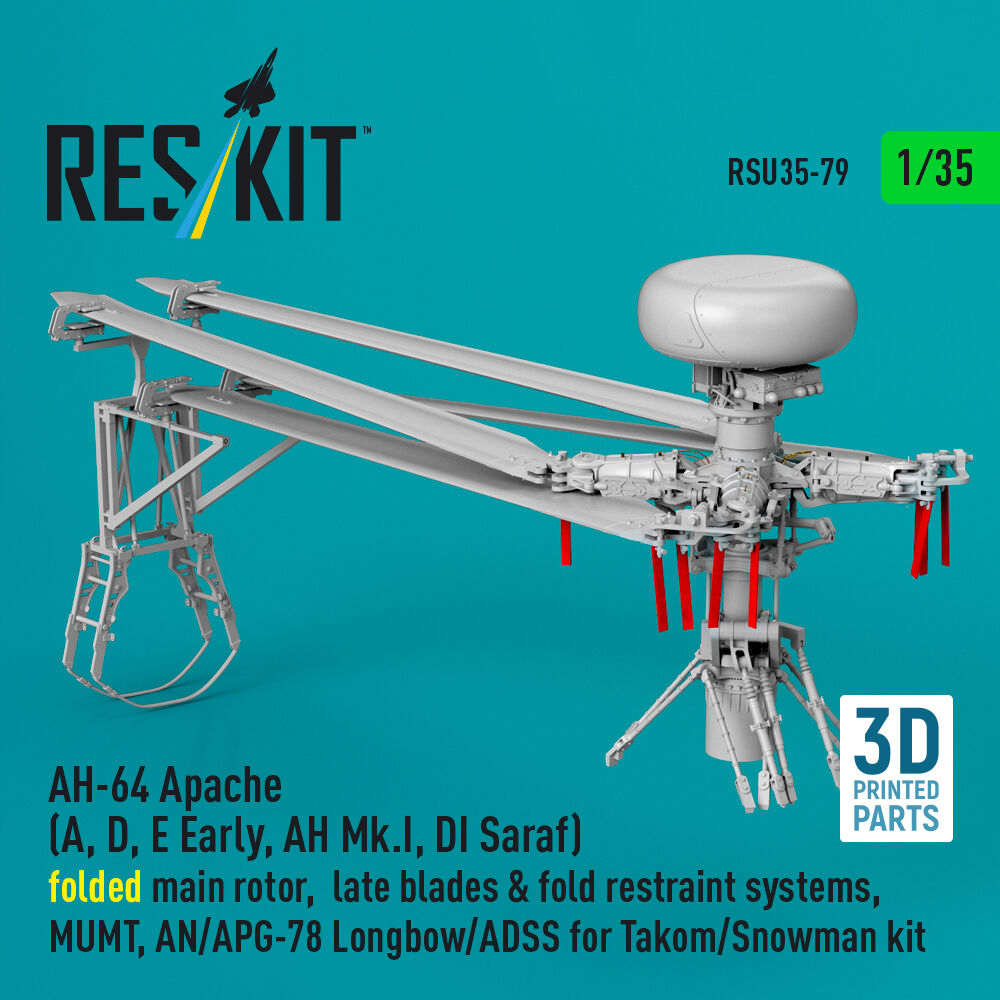 AH-64E late Apache folded main rotor, late blades & fold restraint systems, MUMT, AN/APG-78 Longbow for Takom/Snowman kit (3D Printed)