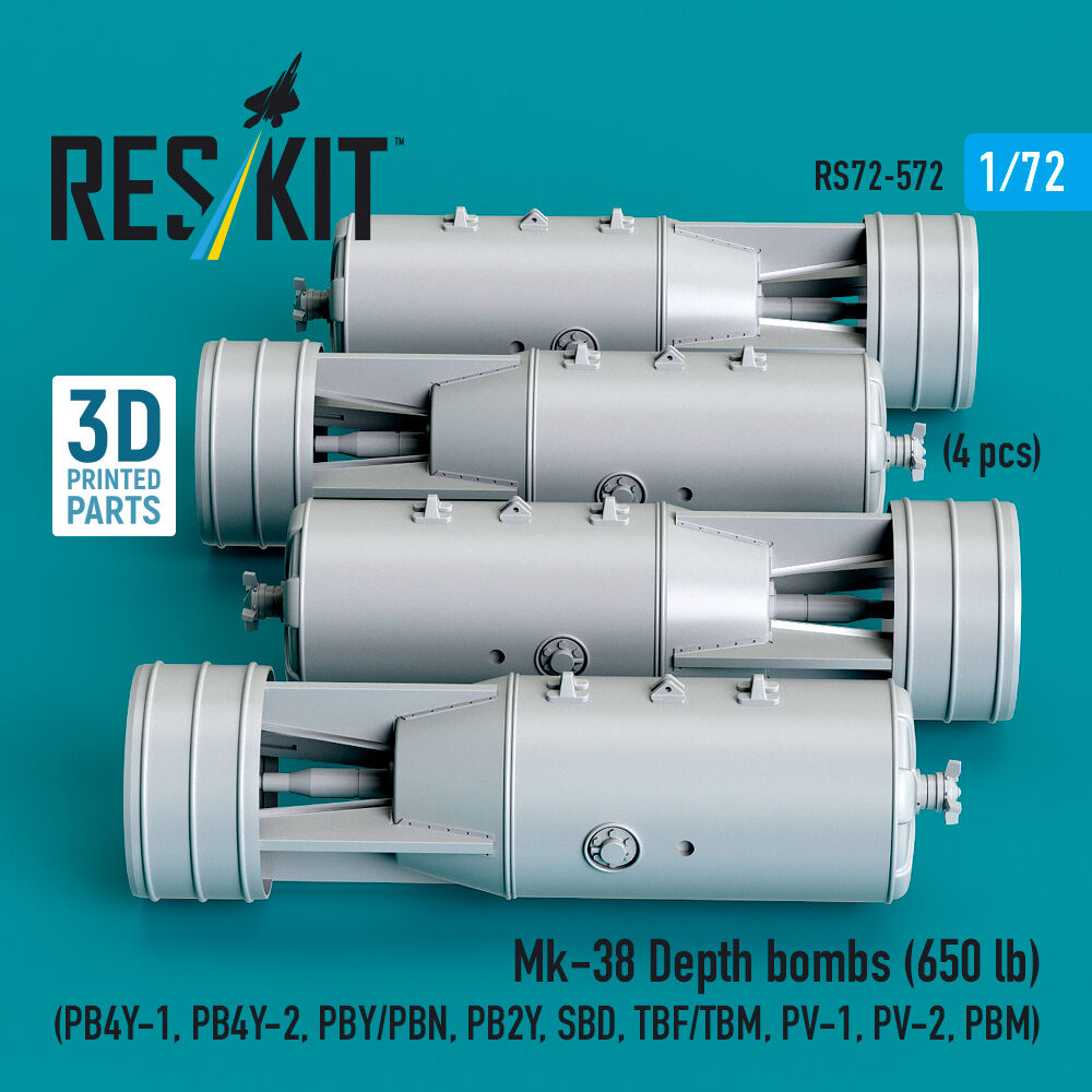 Mk-38 Depth bombs (650 lb) (4 pcs) (PB4Y-1, PB4Y-2, PBY/PBN, PB2Y, SBD, TBF/TBM, PV-1, PV-2, PBM) (3D Printed)
