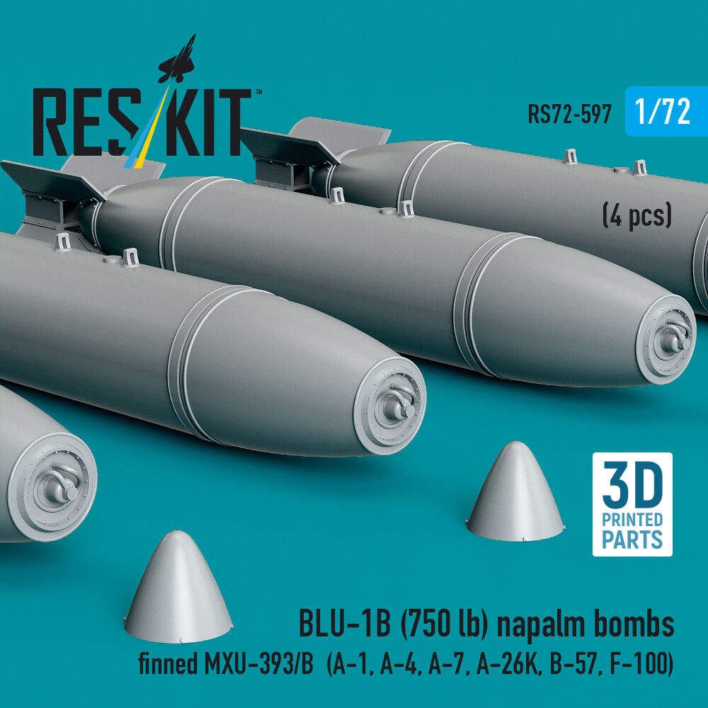 BLU-1B (750lb) napalm bombs finned MXU-393/B (4 pcs) (A-1, A-4, A-7, A-26K, B-57, F-100) (3D Printed)
