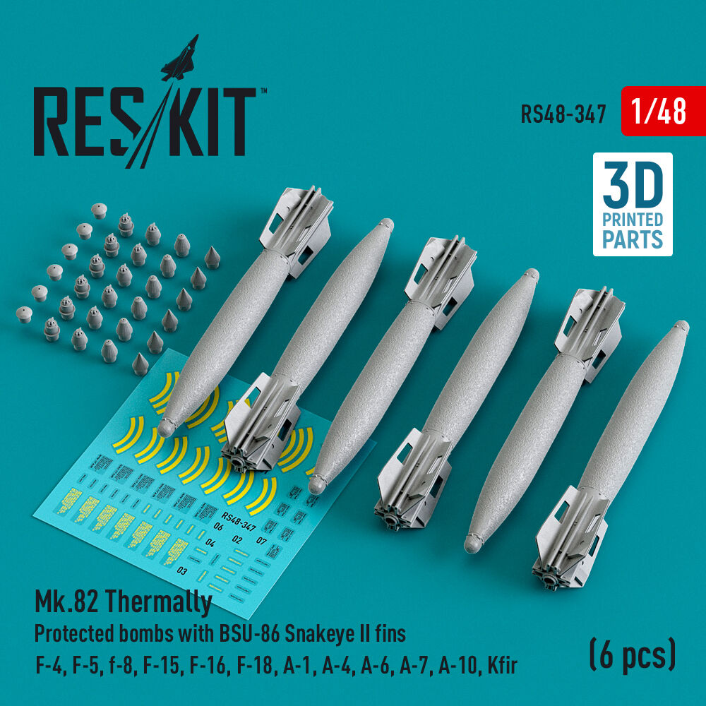 Mk.82 thermally protected bombs with BSU-86 Snakeye II fins (6 pcs) (F-4, F-5, F-8, F-15, F-16, F-18, A-1, A-4, A-6, A-7, A-10, Kfir) (3D Printed)