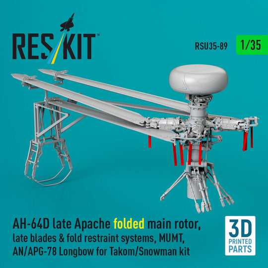 AH-64D late Apache folded main rotor, late blades & fold restraint systems, MUMT, AN/APG-78 Longbow for Takom/Snowman kit (3D Printed)