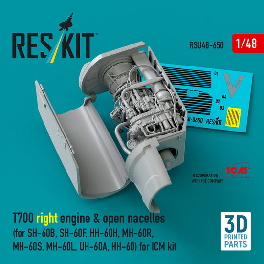 T700 right engine & open nacelles (for SH-60B, SH-60F, HH-60H, MH-60R, MH-60S, MH-60L, UH-60A, HH-60) (3D Printed) for ICM