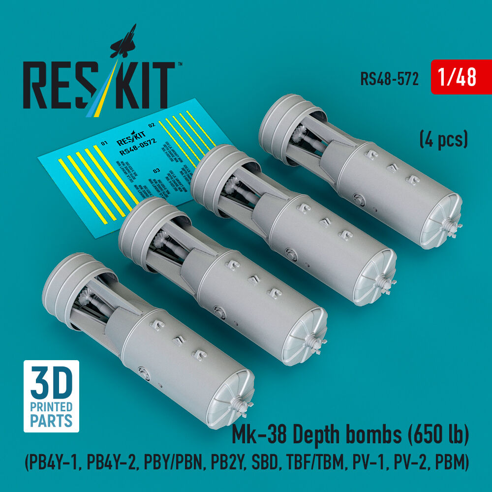 Mk-38 Depth bombs (650 lb) (4 pcs) (PB4Y-1, PB4Y-2, PBY/PBN, PB2Y, SBD, TBF/TBM, PV-1, PV-2, PBM) (3D Printed)