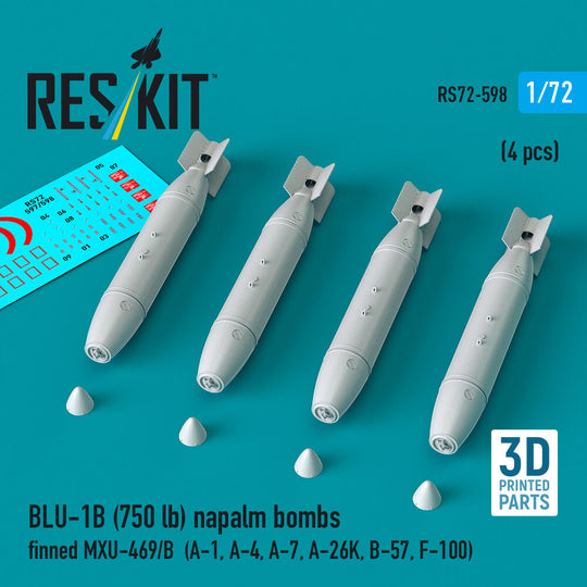 BLU-1B (750lb) napalm bombs finned MXU-469/B (4 pcs) (A-1, A-4, A-7, A-26K, B-57, F-100) (3D Printed)