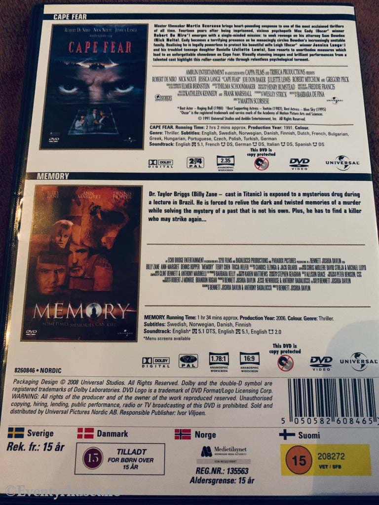 Cape Fear / Memory. DVD. Ny i plast! DVD