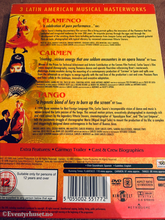 Carlos Saura: Flamenco (1995), Carmen (1983), Tango (1998). DVD samleboks.
