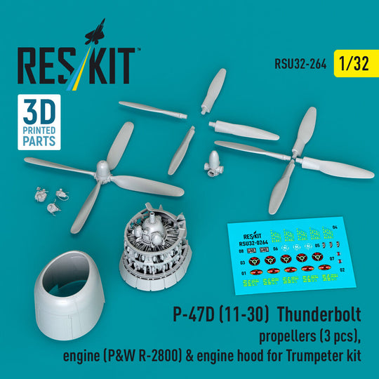 P-47D (11-30) Thunderbolt propellers (3 pcs), engine (P&W R-2800) & engine hood (3D Printed) for Trumpeter