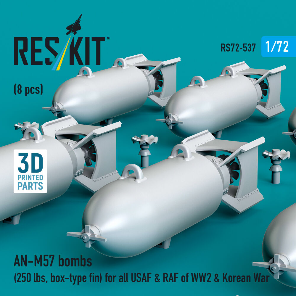 AN-M57 bombs (250 lbs, box-type fin) for all USAF & RAF of WW2 & Korean War (8 pcs) (3D Printed)