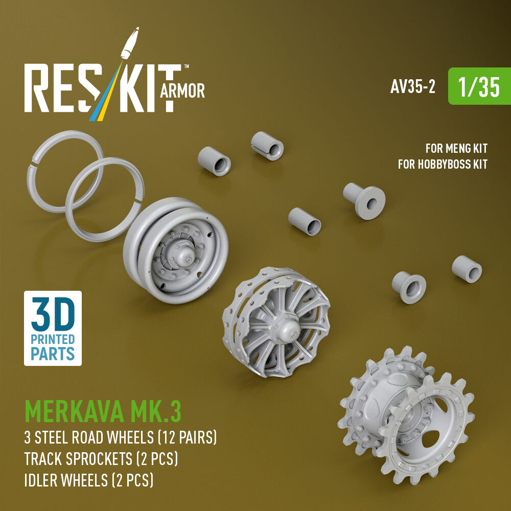 Merkava Mk.3 steel road wheels (12 pairs), track sprockets (2 pcs), idler wheels (2 pcs) for Meng/HobbyBoss kit (3D Printed)