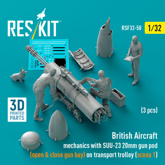 British Aircraft mechanics with SUU-23 20mm gun pod (open & close gun bay) on on transport trolley (scene 1) (3 pcs) (3D Printed)