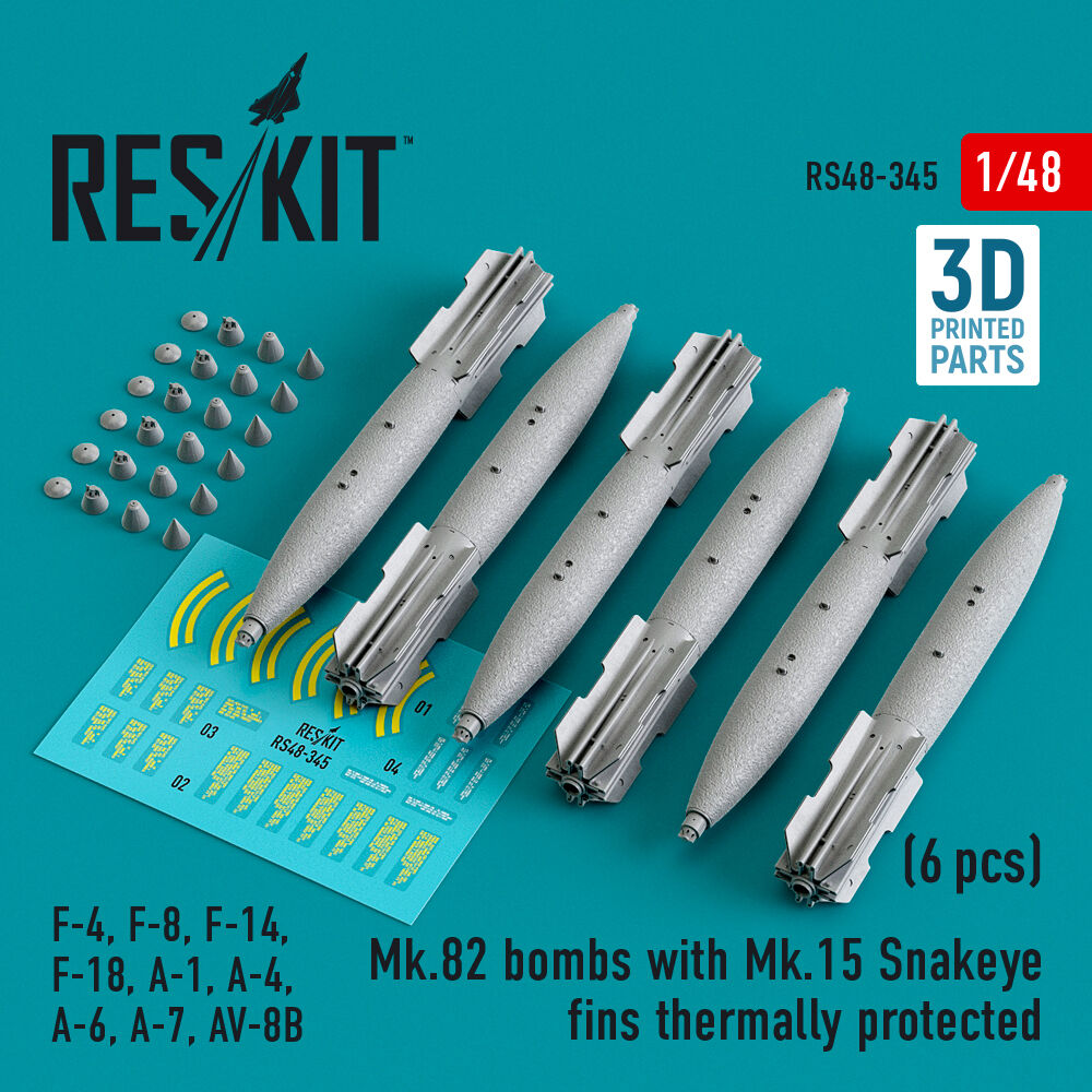 Mk.82 bombs with Mk.15 Snakeye fins thermally protected (6 pcs) (F-4, F-8, F-14 F-18, A-1, A-4, A-6, A-7, AV-8B) (3D Printed)
