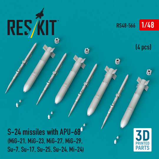 S-24 missiles with APU-68 (4 pcs) (MiG-21, MiG-23, MiG-27, MiG-29, Su-7, Su-17, Su-25, Su-24, Mi-24) (3D Printed)
