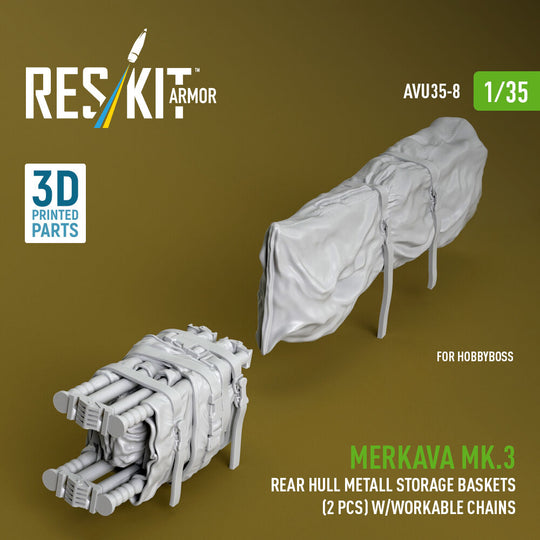 Merkava Mk.3 rear hull metall storage baskets (2 pcs) w/workable chains for HobbyBoss kit (3D Printed)