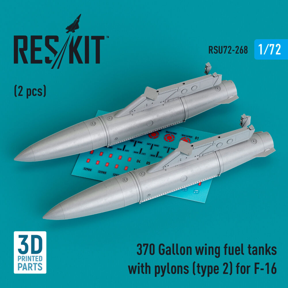 370 Gallon wing fuel tanks with pylons (type 2) for F-16 (A/B/C/D/E/F/I) (2 pcs) (3D Printed)