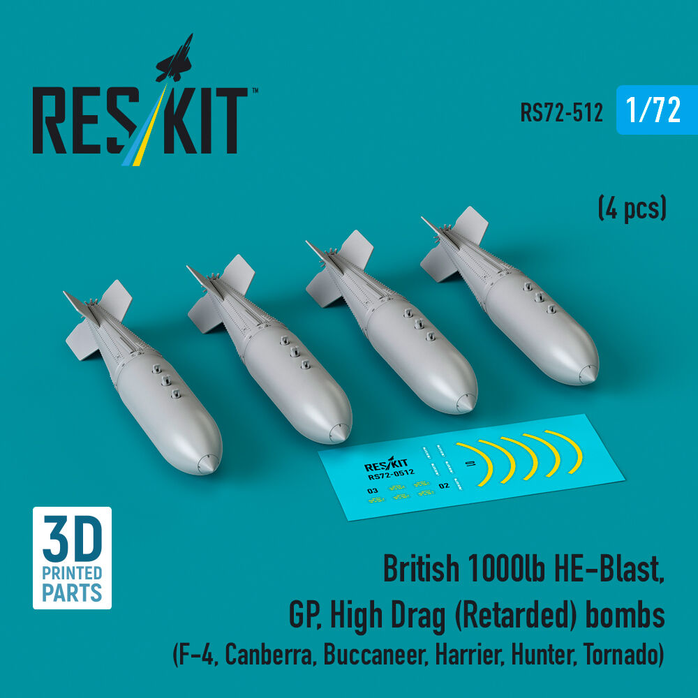 British 1000lb HE-Blast, GP, High Drag (Retarded) bombs (4 pcs) (F-4, Canberra, Buccaneer, Harrier, Hunter, Tornado) (3D printed)