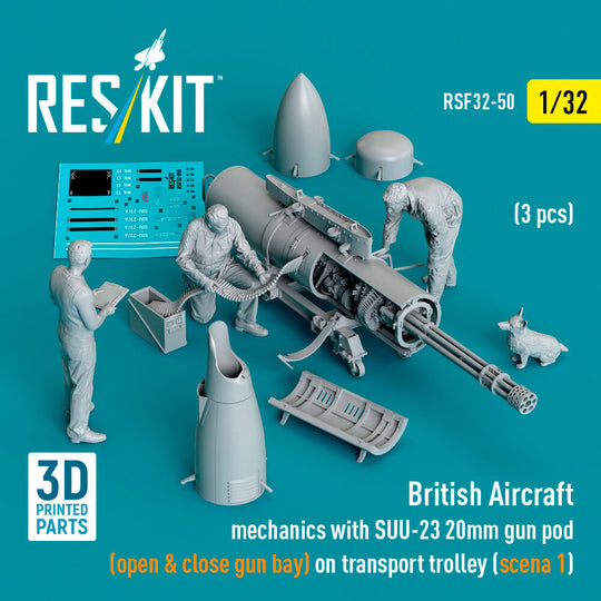 British Aircraft mechanics with SUU-23 20mm gun pod (open & close gun bay) on on transport trolley (scene 1) (3 pcs) (3D Printed)